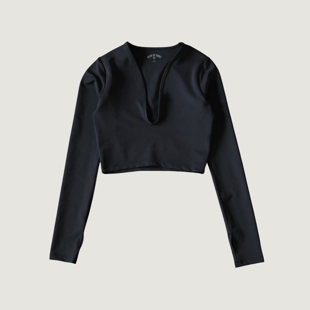Year of Ours Modern Crop Top Black Recycled Spandex Deep V-Neck Athleisure S
